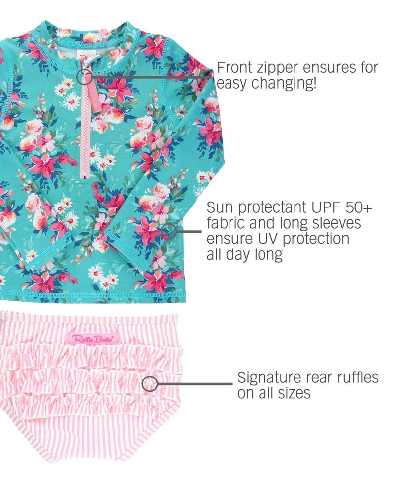 RuffleButts بيكيني رافل باتس® للبنات مع واقي شمس بأكمام طويلة مزخرف بالزهور - 2T - Image 3